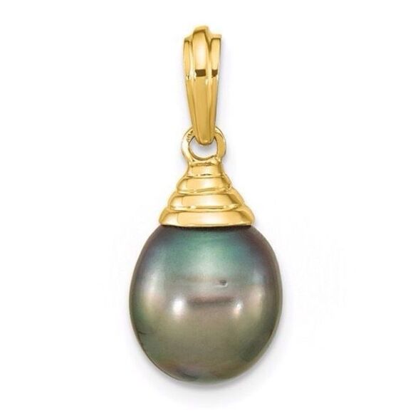 14K 9-10mm Teardrop Black Saltwater Tahitian Pearl Pendant